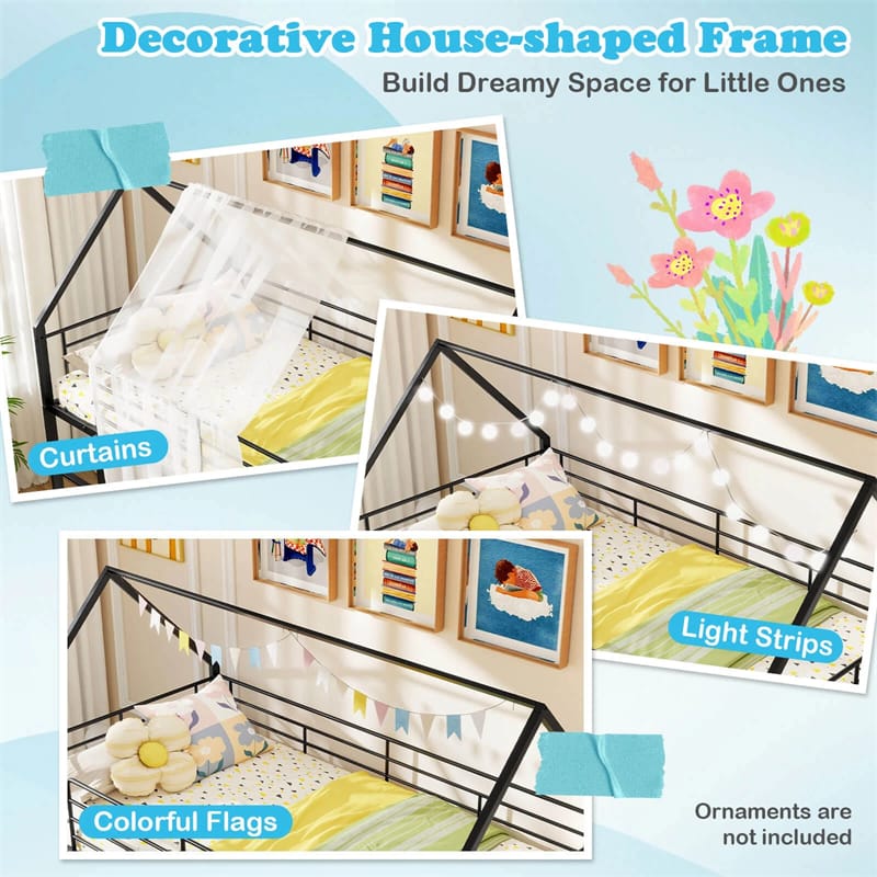 Twin Over Twin Low Bunk Bed with Slide & Ladder, House-Shaped Metal Bed Frame with Safety Guardrail & Roof for Boys Girls, No Box Spring Needed