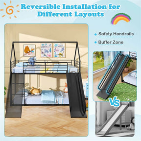 Twin Over Twin Low Bunk Bed with Slide & Ladder, House-Shaped Metal Bed Frame with Safety Guardrail & Roof for Boys Girls, No Box Spring Needed