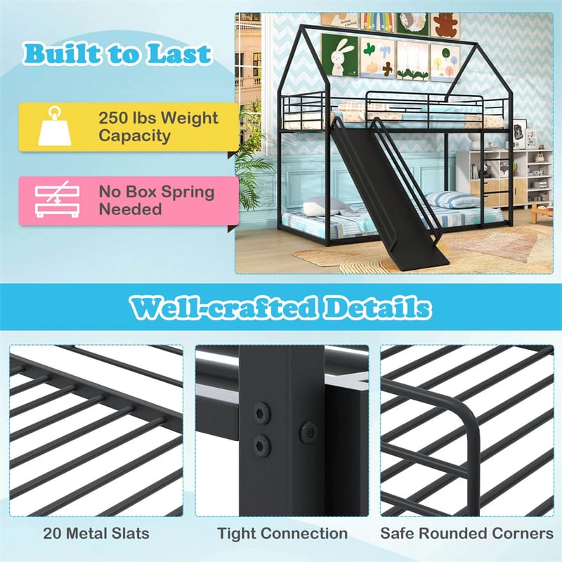 Twin Over Twin Low Bunk Bed with Slide & Ladder, House-Shaped Metal Bed Frame with Safety Guardrail & Roof for Boys Girls, No Box Spring Needed