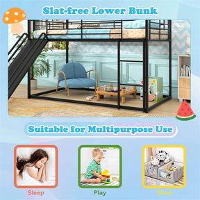 Twin Over Twin Low Bunk Bed with Slide & Ladder, House-Shaped Metal Bed Frame with Safety Guardrail & Roof for Boys Girls, No Box Spring Needed
