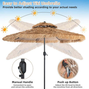 10 FT Thatched Patio Tiki Umbrella 2-Tier Hawaiian Style Grass Beach Umbrella with 8 Ribs, Tilt Adjustment, Manual Crank