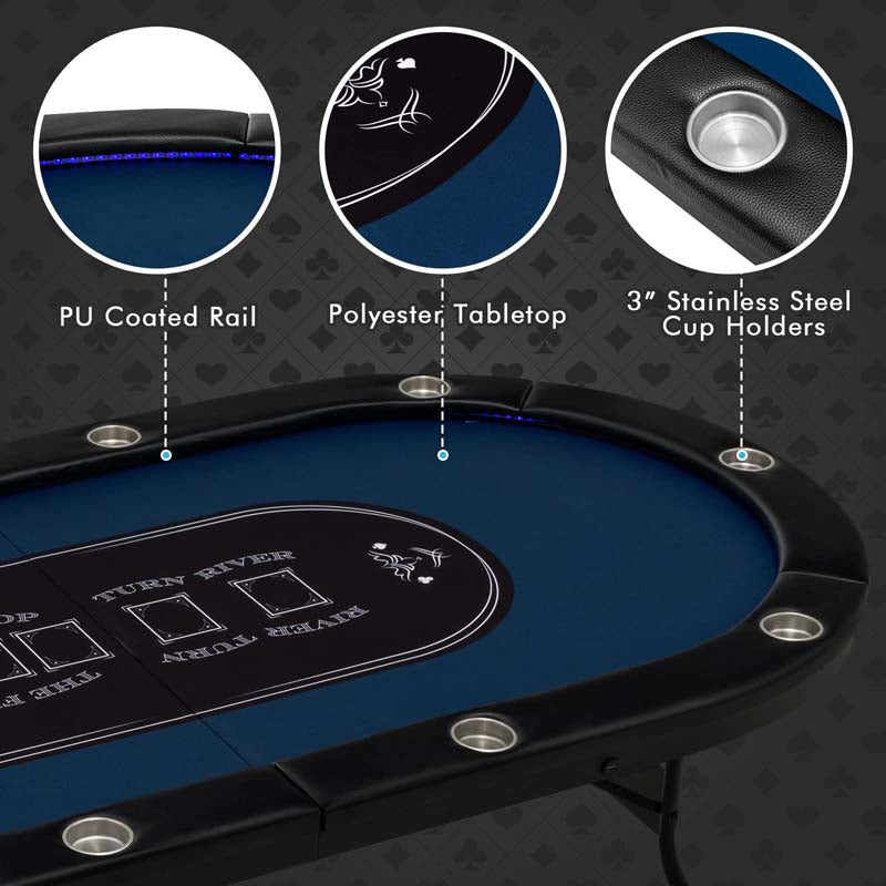 10 Players Folding Game Poker Table for Texas, Card Games, Casino Leisure Table with Cup Holder, 4 USB Ports, Extra Lights