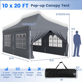 10 x 20 FT Instant Setup Pop Up Canopy w/6 Sidewalls Windows & Carrying Bag, Portable Outdoor Canopy Tent for Party Wedding