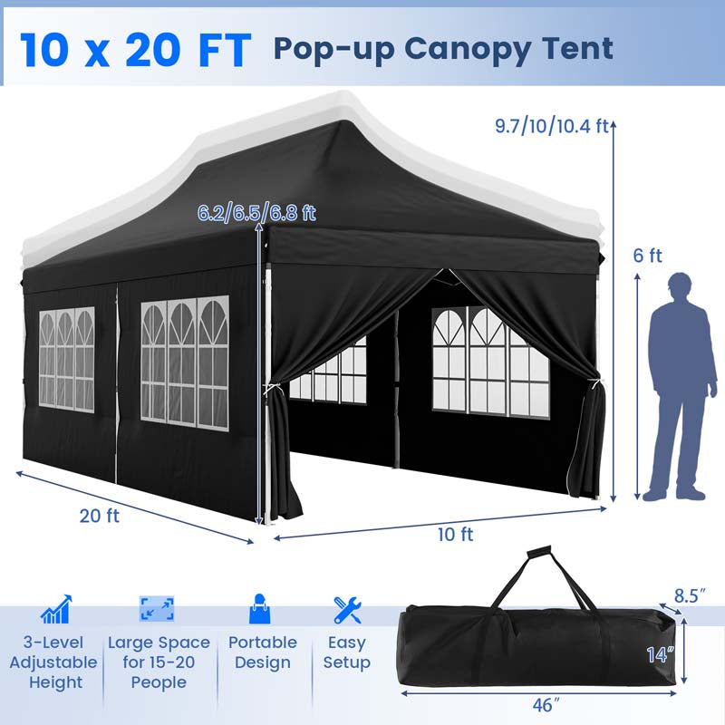 10 x 20 FT Instant Setup Pop Up Canopy w/6 Sidewalls Windows & Carrying Bag, Portable Outdoor Canopy Tent for Party Wedding