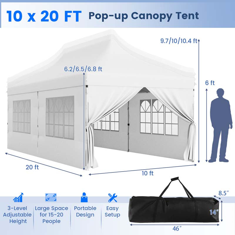 10 x 20 FT Instant Setup Pop Up Canopy w/6 Sidewalls Windows & Carrying Bag, Portable Outdoor Canopy Tent for Party Wedding