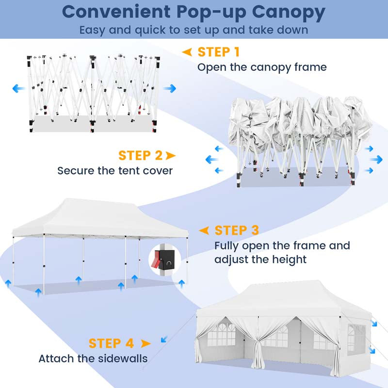 10 x 20 FT Instant Setup Pop Up Canopy w/6 Sidewalls Windows & Carrying Bag, Portable Outdoor Canopy Tent for Party Wedding