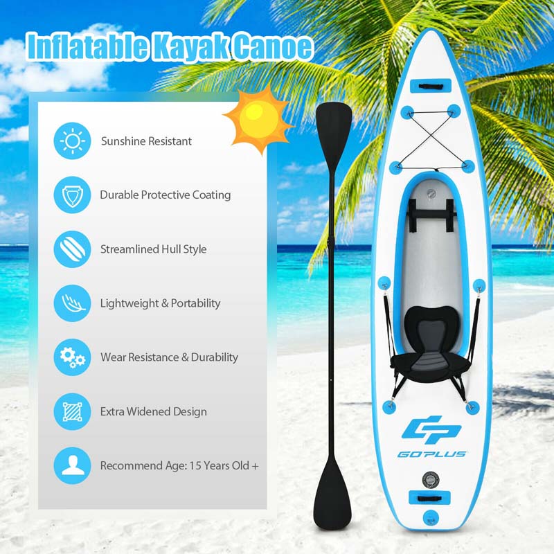 1-Person Inflatable Kayak for Touring & Fishing with Adjustable Aluminum Oars, 11FT Portable Recreational Rowboat Canoe Raft