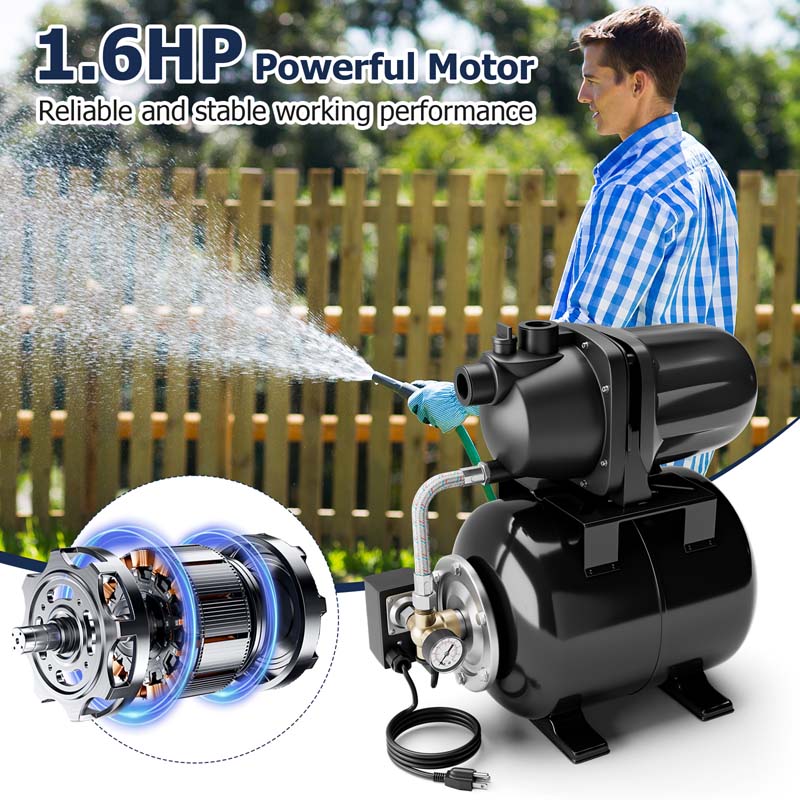 1200W 1.6HP Shallow Well Pump with Pressure Tank, 1000GPH Booster Water Pump Garden Farm Irrigation Jet Pump