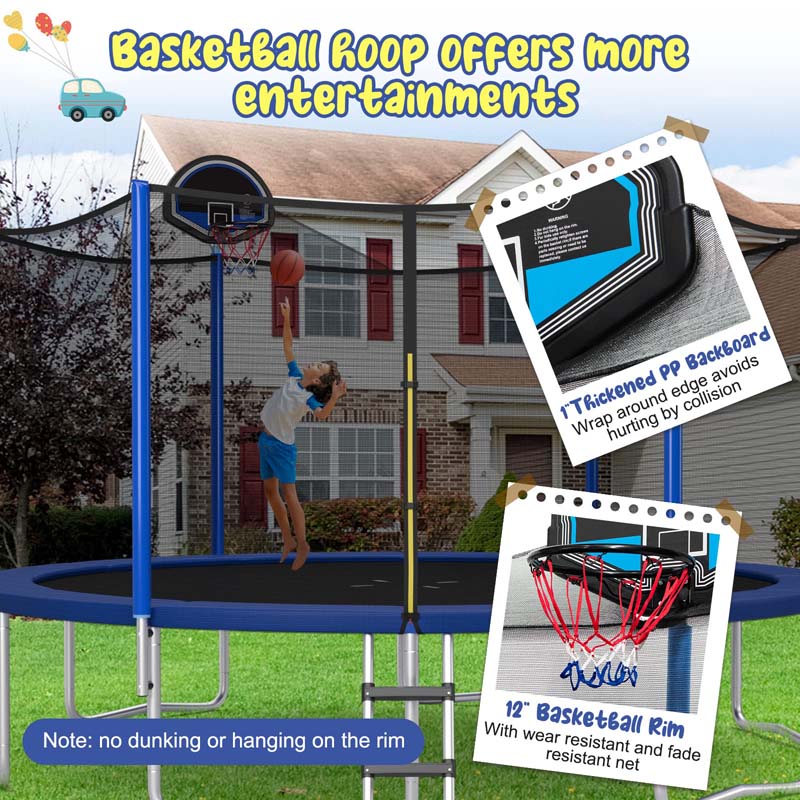 12/14/15/16 FT ASTM Approved Outdoor Recreational Trampoline with Basketball Hoop & External Enclosure Net