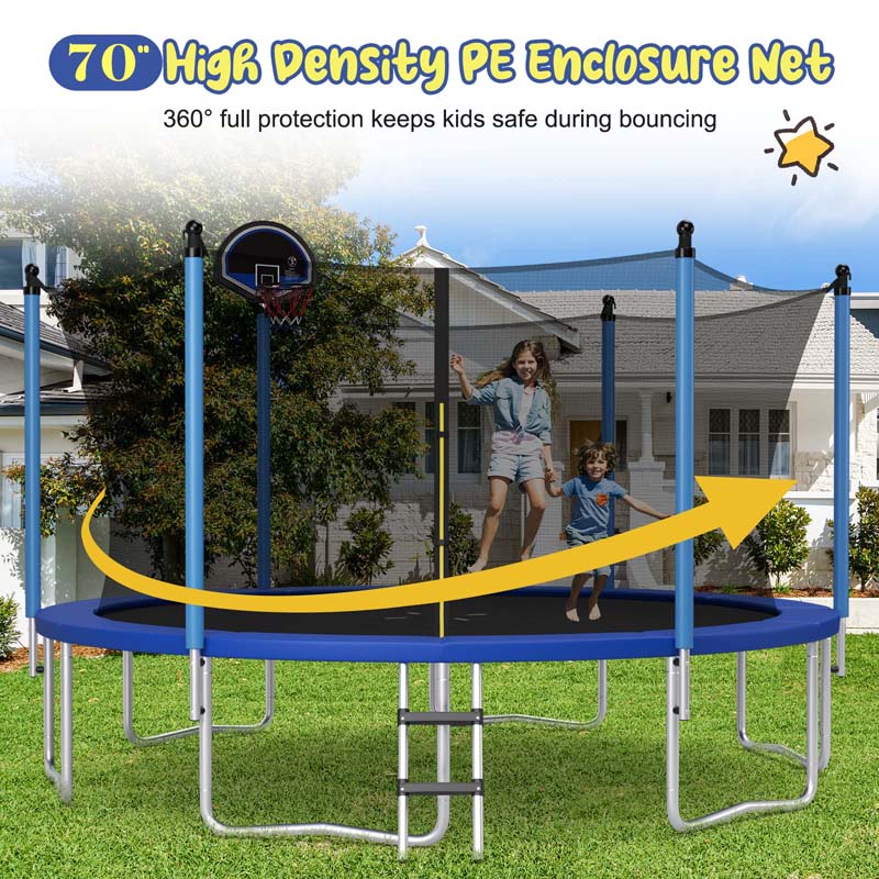 12/14/15/16 FT ASTM Approved Outdoor Recreational Trampoline with Basketball Hoop & Internal Enclosure Net
