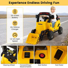 Kids Ride on Excavator, 12V Battery Powered Bulldozer Digger with Adjustable Digging Bucket, Electric Construction Vehicle Toy