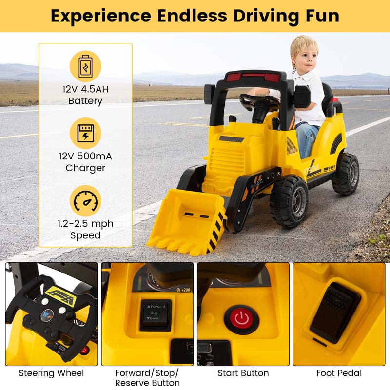 Kids Ride on Excavator, 12V Battery Powered Bulldozer Digger with Adjustable Digging Bucket, Electric Construction Vehicle Toy