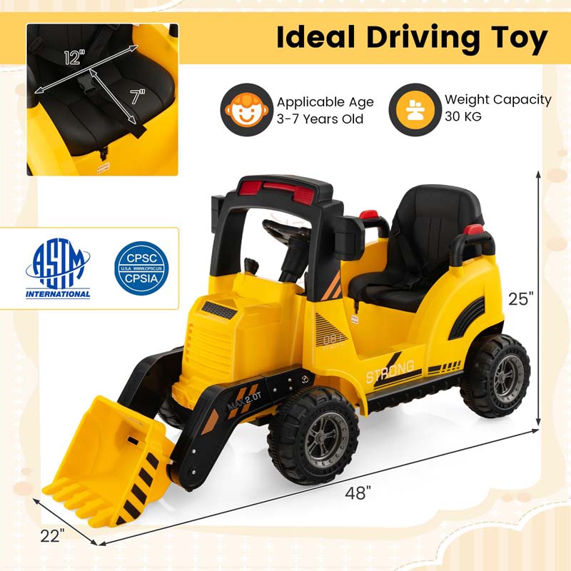 12V Kids Ride on Excavator, Battery Powered Bulldozer Digger with Adjustable Digging Bucket, Electric Construction Vehicle Toy for Toddlers