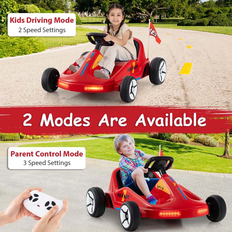 12V Electric Go Kart for Kids, Battery Powered Ride on Race Toy with Remote, LED Lights, Music, Story, Flags, Electric Pedal Kart for 3+