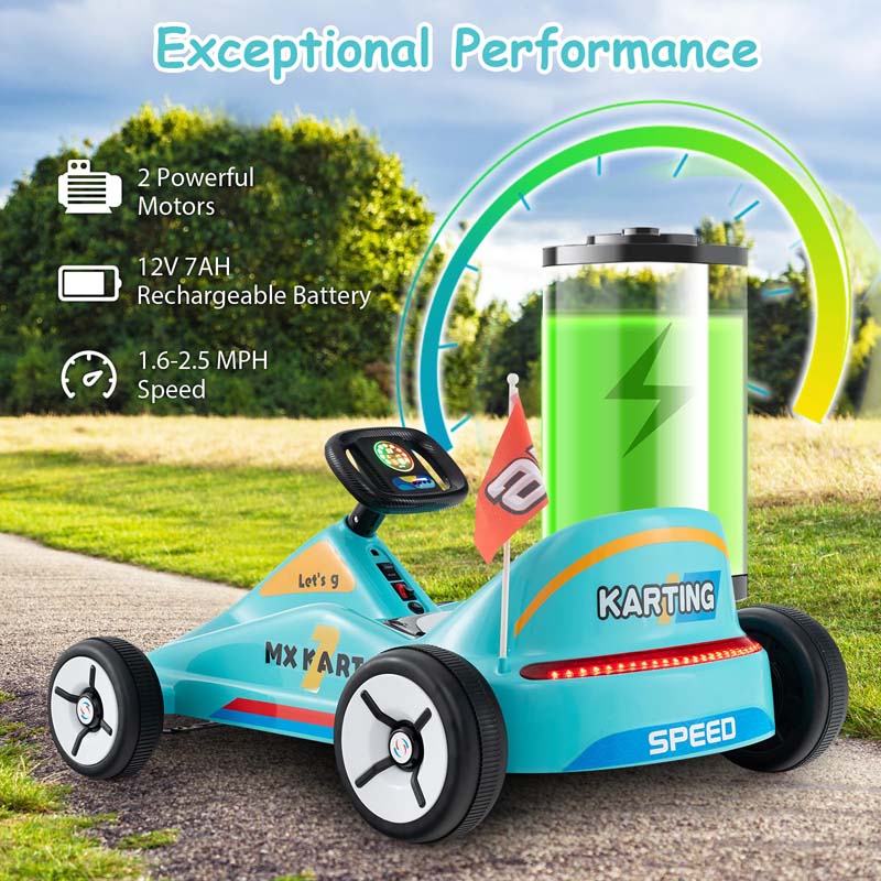 12V Electric Go Kart for Kids, Battery Powered Ride on Race Toy with Remote, LED Lights, Music, Story, Flags, Electric Pedal Kart for 3+