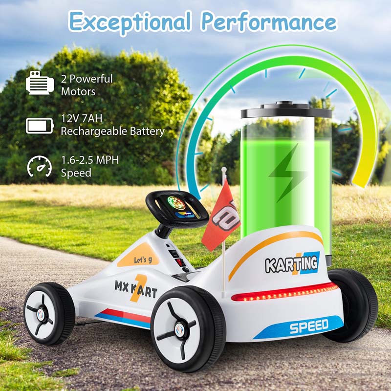 12V Electric Go Kart for Kids, Battery Powered Ride on Race Toy with Remote, LED Lights, Music, Story, Flags, Electric Pedal Kart for 3+