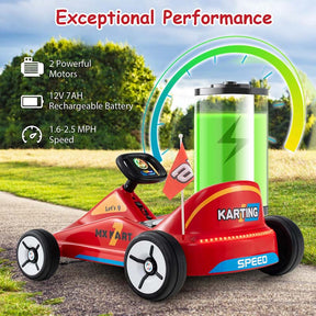 12V Electric Go Kart for Kids, Battery Powered Ride on Race Toy with Remote, LED Lights, Music, Story, Flags, Electric Pedal Kart for 3+