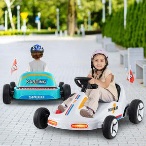 12V Electric Go Kart for Kids, Battery Powered Ride on Race Toy with Remote, LED Lights, Music, Story, Flags, Electric Pedal Kart for 3+