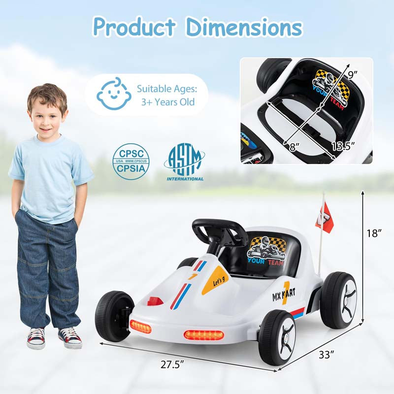 12V Electric Go Kart for Kids, Battery Powered Ride on Race Toy with Remote, LED Lights, Music, Story, Flags, Electric Pedal Kart for 3+