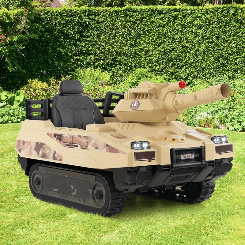 12V Kids Ride On Tank Battery Powered Electric Toy Tank with Rubber Tracks, Rotatable Turret and 8 Missiles