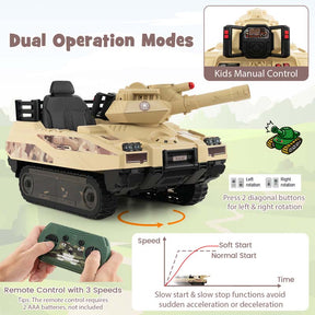 12V Kids Ride On Tank Battery Powered Electric Toy Tank with Rubber Tracks, Rotatable Turret and 8 Missiles