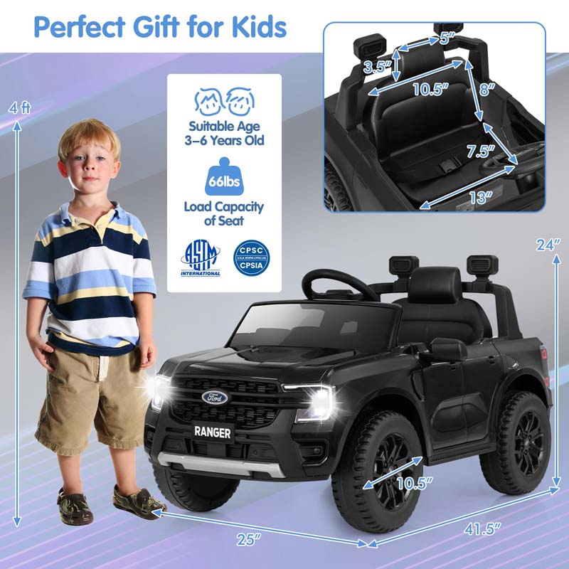 12V Licensed Ford Ranger Kids Ride on Car, Battery Powered Electric Vehicle Toy Car w/ Remote Control, Storage Basket, Music