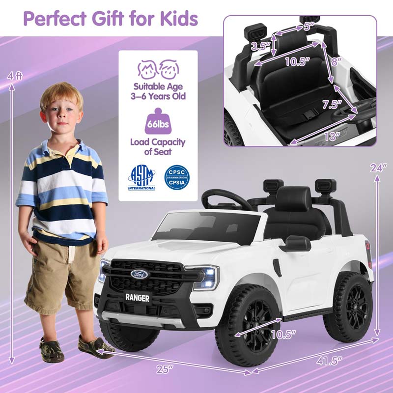 12V Licensed Ford Ranger Kids Ride on Car, Battery Powered Electric Vehicle Toy Car w/ Remote Control, Storage Basket, Music