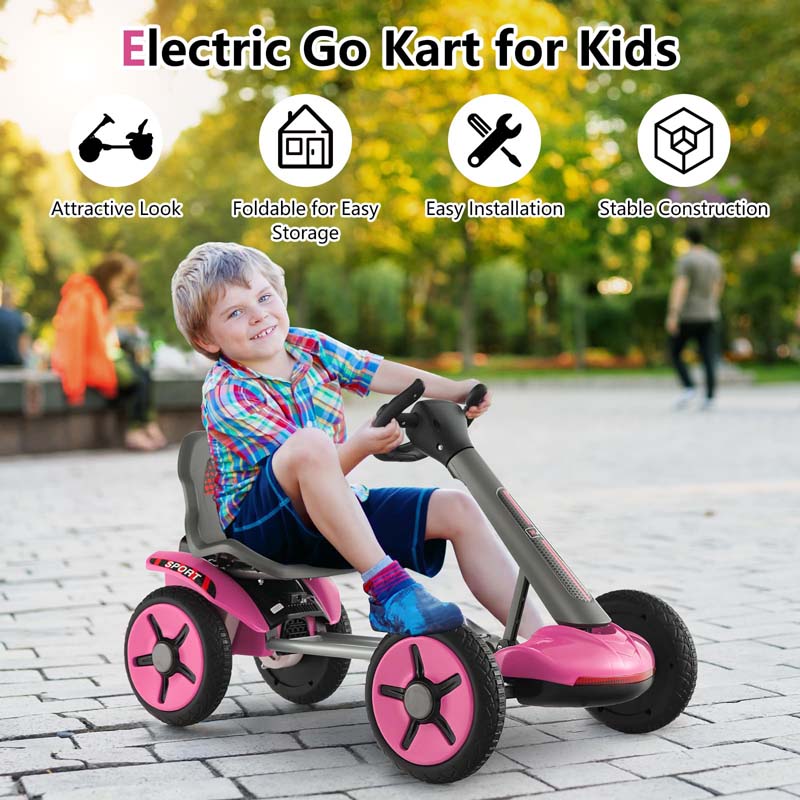 Kids Folding Electric Go Cart, 12V Battery Ride-On Car with Adjustable Seat and Steering Wheel, Detachable Cup Holder, LED Light