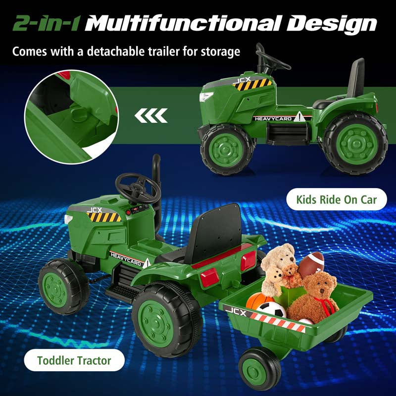 2-in-1 Kids Ride On Tractor, 12V Battery Powered Electric Toy Car with Trailer, LED Lights, Music, 3-Gear-Shift Ground Loader