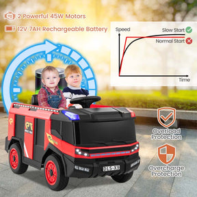 12V Kids Ride on Fire Truck, 2-Seater Battery Powered Fire Car Kids Electric Vehicle Ride on Toy with Remote Control, Water Gun, Extinguisher