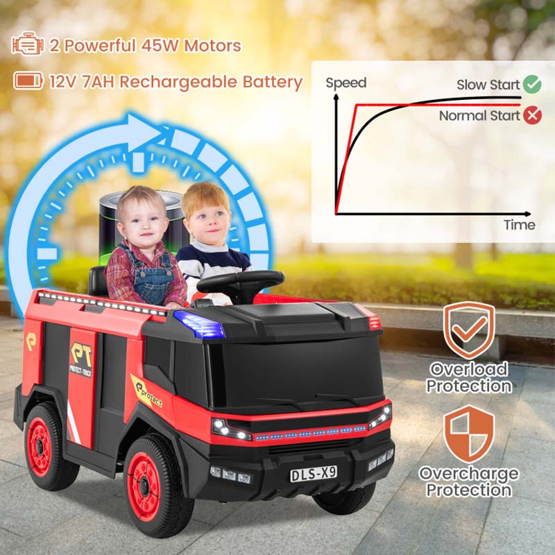 12V Kids Ride on Fire Truck, 2-Seater Battery Powered Fire Car Kids Electric Vehicle Ride on Toy with Remote Control, Water Gun, Extinguisher