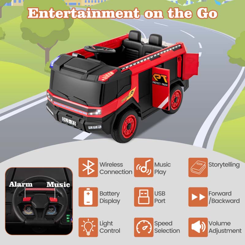 12V Kids Ride on Fire Truck, 2-Seater Battery Powered Fire Car Kids Electric Vehicle Ride on Toy with Remote Control, Water Gun, Extinguisher