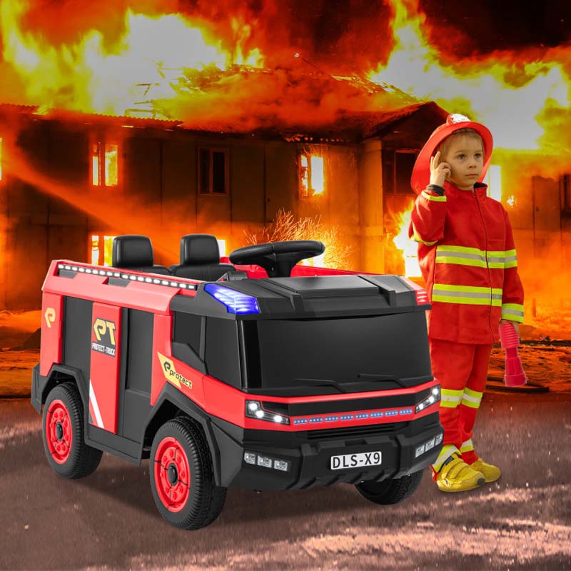 12V Kids Ride on Fire Truck, 2-Seater Battery Powered Fire Car Kids Electric Vehicle Ride on Toy with Remote Control, Water Gun, Extinguisher