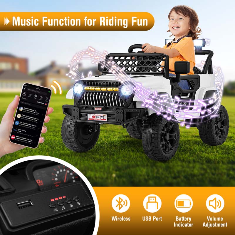 12V Kids Ride On Truck with LED Lights & Music, Belt, Spring Suspension, Battery Powered Toddler Electric Vehicle Motorized Electric Toy Car