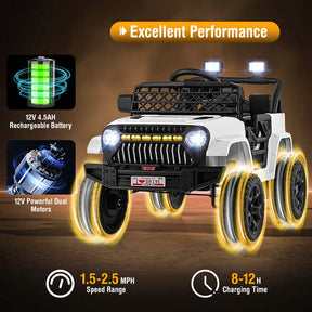 12V Kids Ride On Truck with LED Lights & Music, Belt, Spring Suspension, Battery Powered Toddler Electric Vehicle Motorized Electric Toy Car