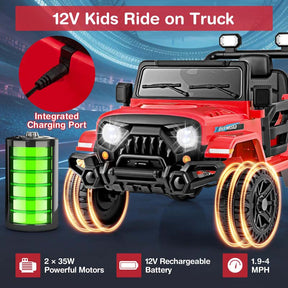 12V Kids Ride on Truck Car with Threaded Wheels, 3 Speeds Battery Powered Electric Vehicle Toy Car for Boys & Girls 3+