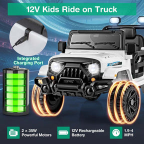 12V Kids Ride on Truck Car with Threaded Wheels, 3 Speeds Battery Powered Electric Vehicle Toy Car for Boys & Girls 3+