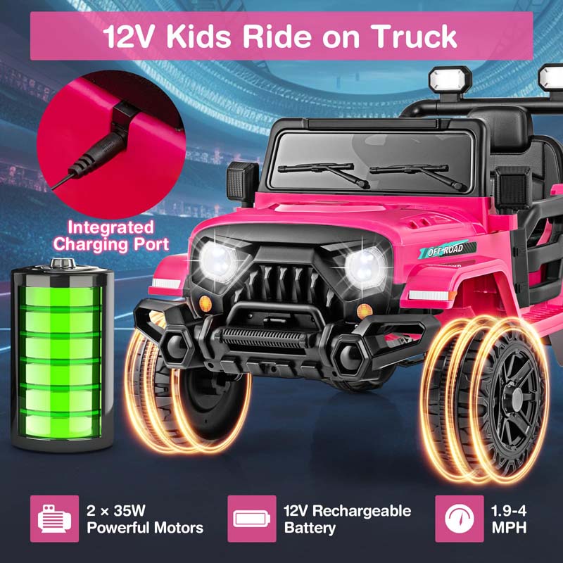 12V Kids Ride on Truck Car with Threaded Wheels, 3 Speeds Battery Powered Electric Vehicle Toy Car for Boys & Girls 3+