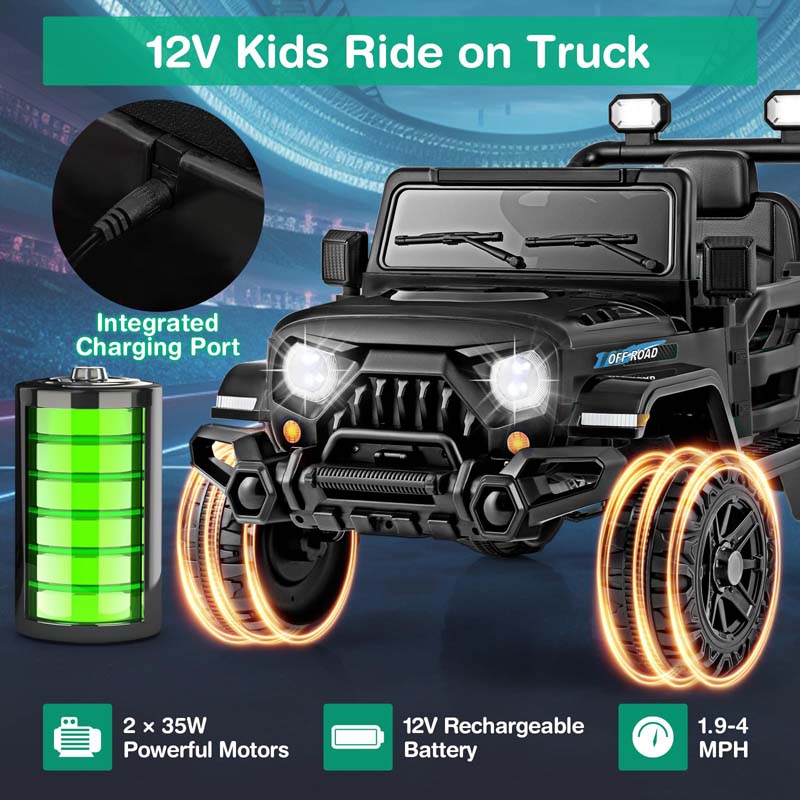 12V Kids Ride on Truck Car with Threaded Wheels, 3 Speeds Battery Powered Electric Vehicle Toy Car for Boys & Girls 3+