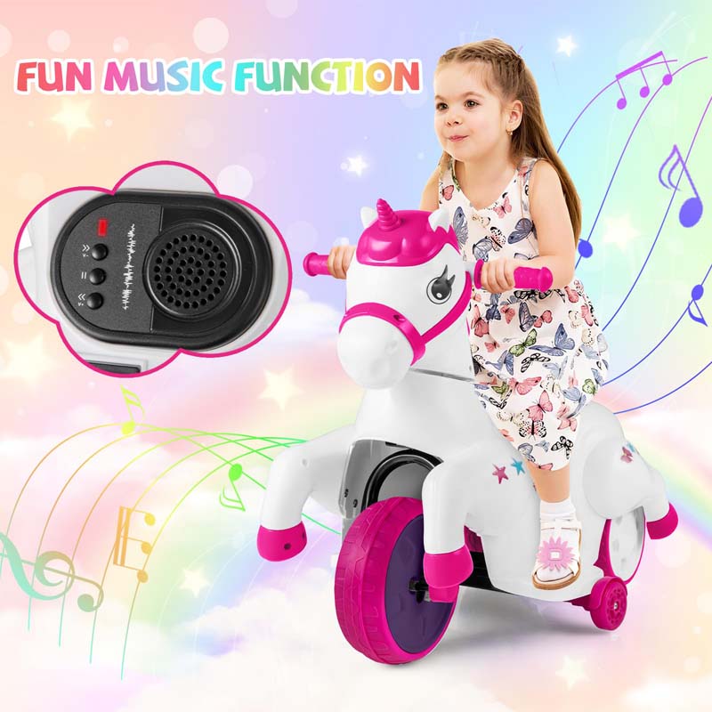 12V Unicorn Ride on Toy with Training Wheels & Horse Riding Mode, 3-Wheeler Battery Powered Motorized Ride on Pony Electric Toy Car for Kids