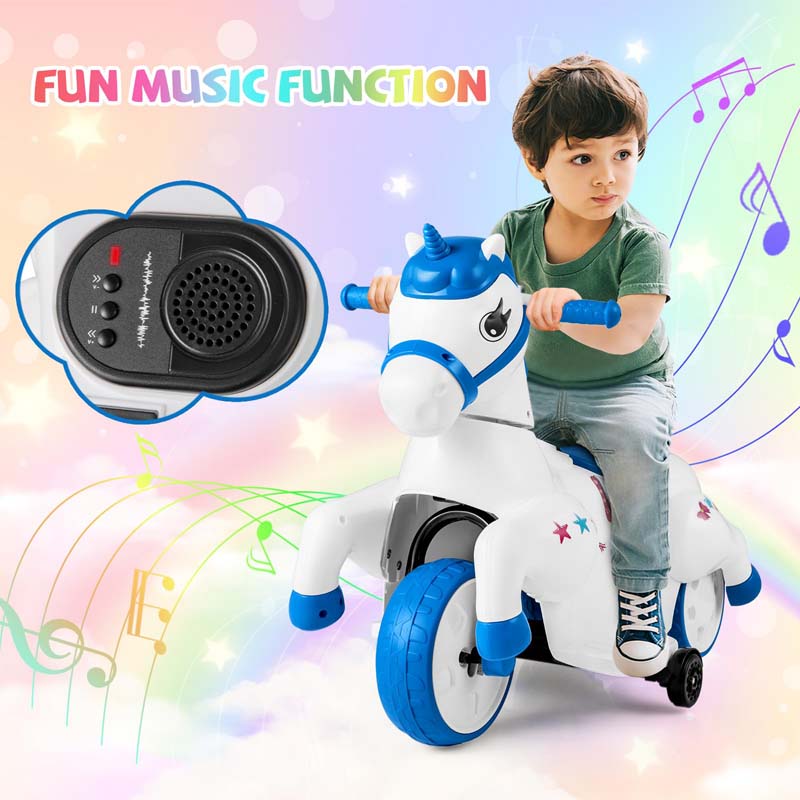 12V Unicorn Ride on Toy with Training Wheels & Horse Riding Mode, 3-Wheeler Battery Powered Motorized Ride on Pony Electric Toy Car for Kids