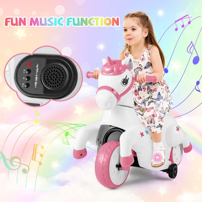 12V Unicorn Ride on Toy with Training Wheels & Horse Riding Mode, 3-Wheeler Battery Powered Motorized Ride on Pony Electric Toy Car for Kids