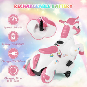 12V Unicorn Ride on Toy with Training Wheels & Horse Riding Mode, 3-Wheeler Battery Powered Motorized Ride on Pony Electric Toy Car for Kids