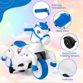 12V Unicorn Ride on Toy with Training Wheels & Horse Riding Mode, 3-Wheeler Battery Powered Motorized Ride on Pony Electric Toy Car for Kids