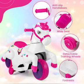 12V Unicorn Ride on Toy with Training Wheels & Horse Riding Mode, 3-Wheeler Battery Powered Motorized Ride on Pony Electric Toy Car for Kids