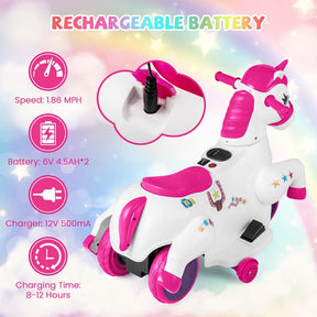 12V Unicorn Ride on Toy with Training Wheels & Horse Riding Mode, 3-Wheeler Battery Powered Motorized Ride on Pony Electric Toy Car for Kids