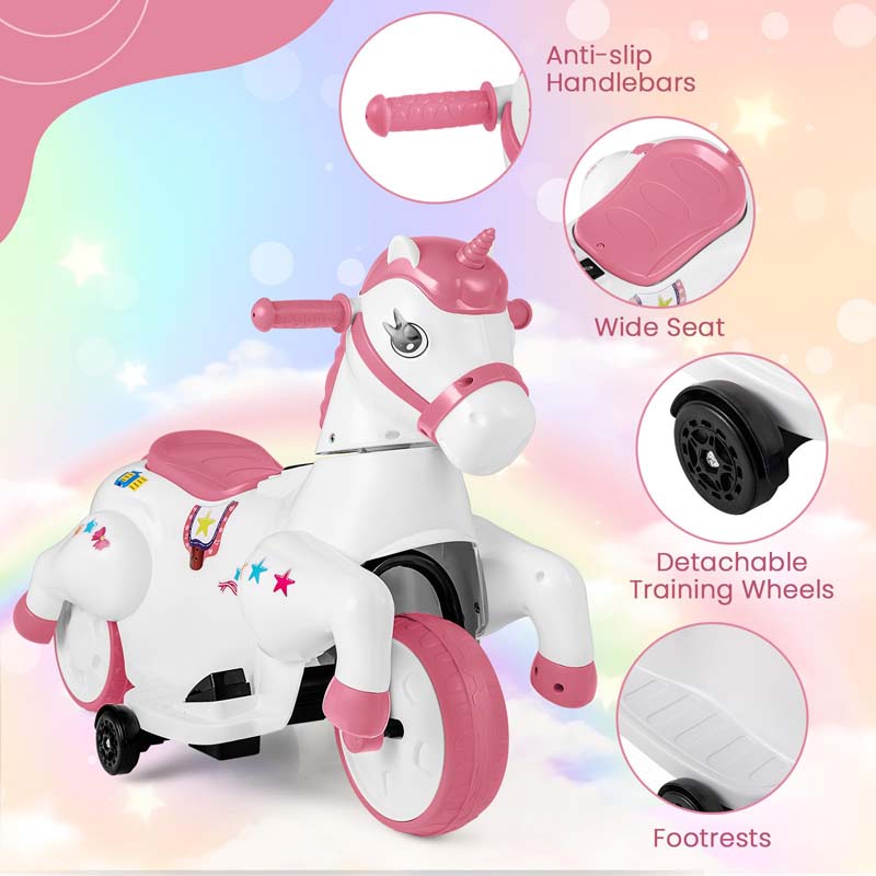 12V Unicorn Ride on Toy with Training Wheels & Horse Riding Mode, 3-Wheeler Battery Powered Motorized Ride on Pony Electric Toy Car for Kids