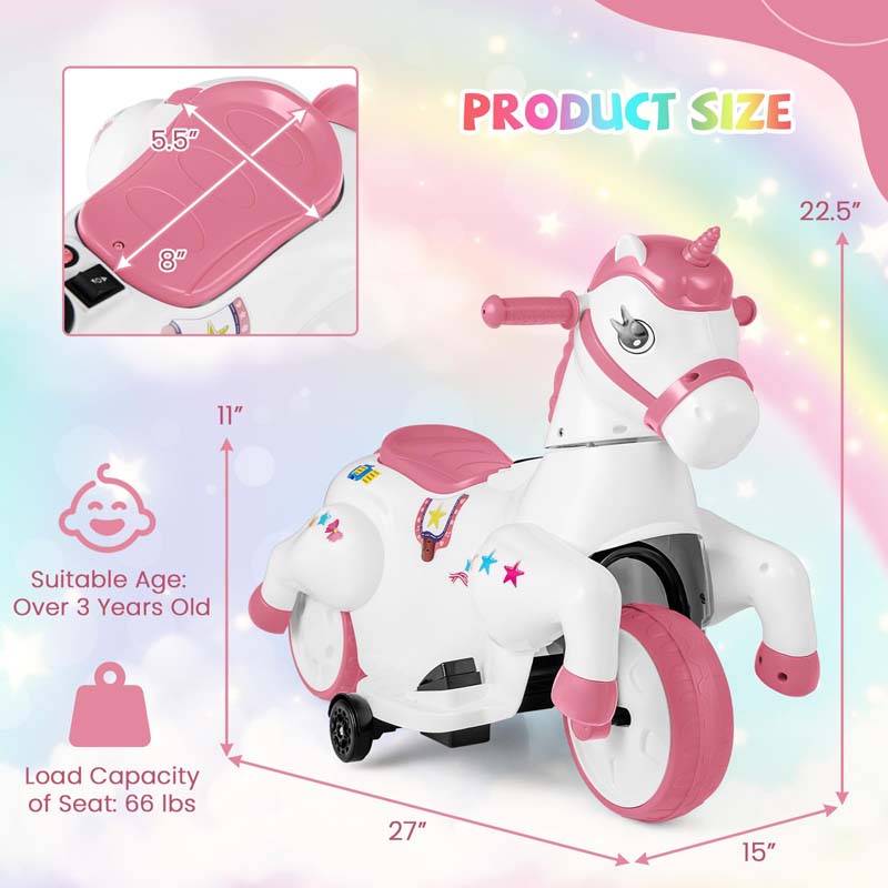 12V Unicorn Ride on Toy with Training Wheels & Horse Riding Mode, 3-Wheeler Battery Powered Motorized Ride on Pony Electric Toy Car for Kids