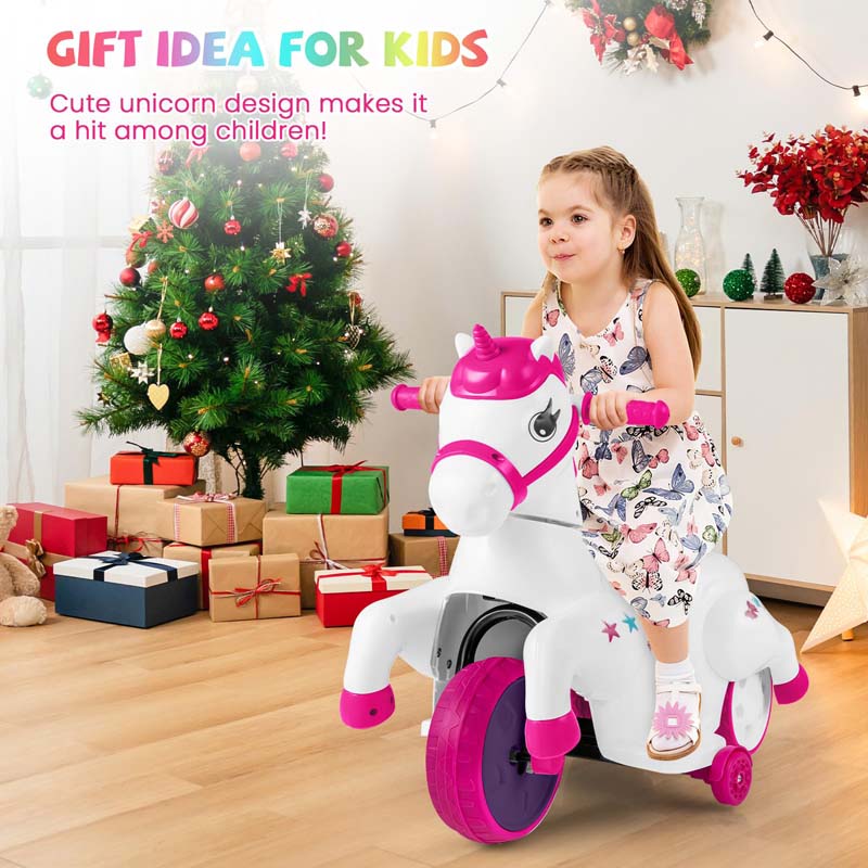 12V Unicorn Ride on Toy with Training Wheels & Horse Riding Mode, 3-Wheeler Battery Powered Motorized Ride on Pony Electric Toy Car for Kids