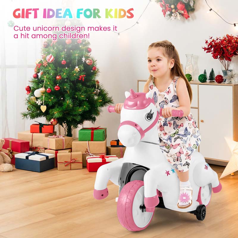 12V Unicorn Ride on Toy with Training Wheels & Horse Riding Mode, 3-Wheeler Battery Powered Motorized Ride on Pony Electric Toy Car for Kids